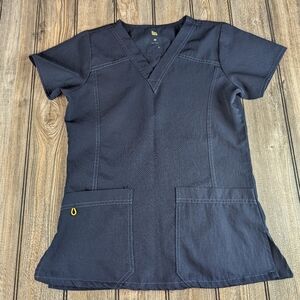 Spread Good Cheer XS Scrub Top Navy/Yellow Stretch